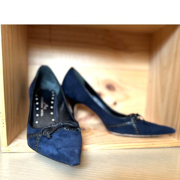 Alexandra Neel Royal Navy Blue Suede Leather Pointy Heels Size IT 38.5 = US 7.5 - Picture 7 of 12